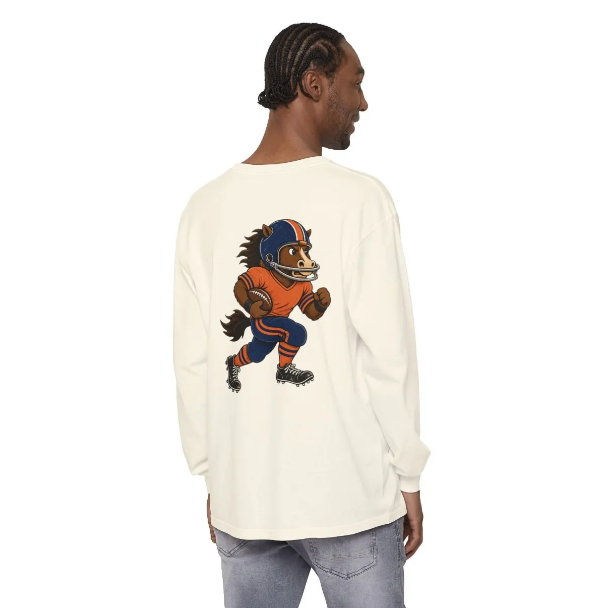 Broncos Football Long Sleeve Tee in Ivory, back print