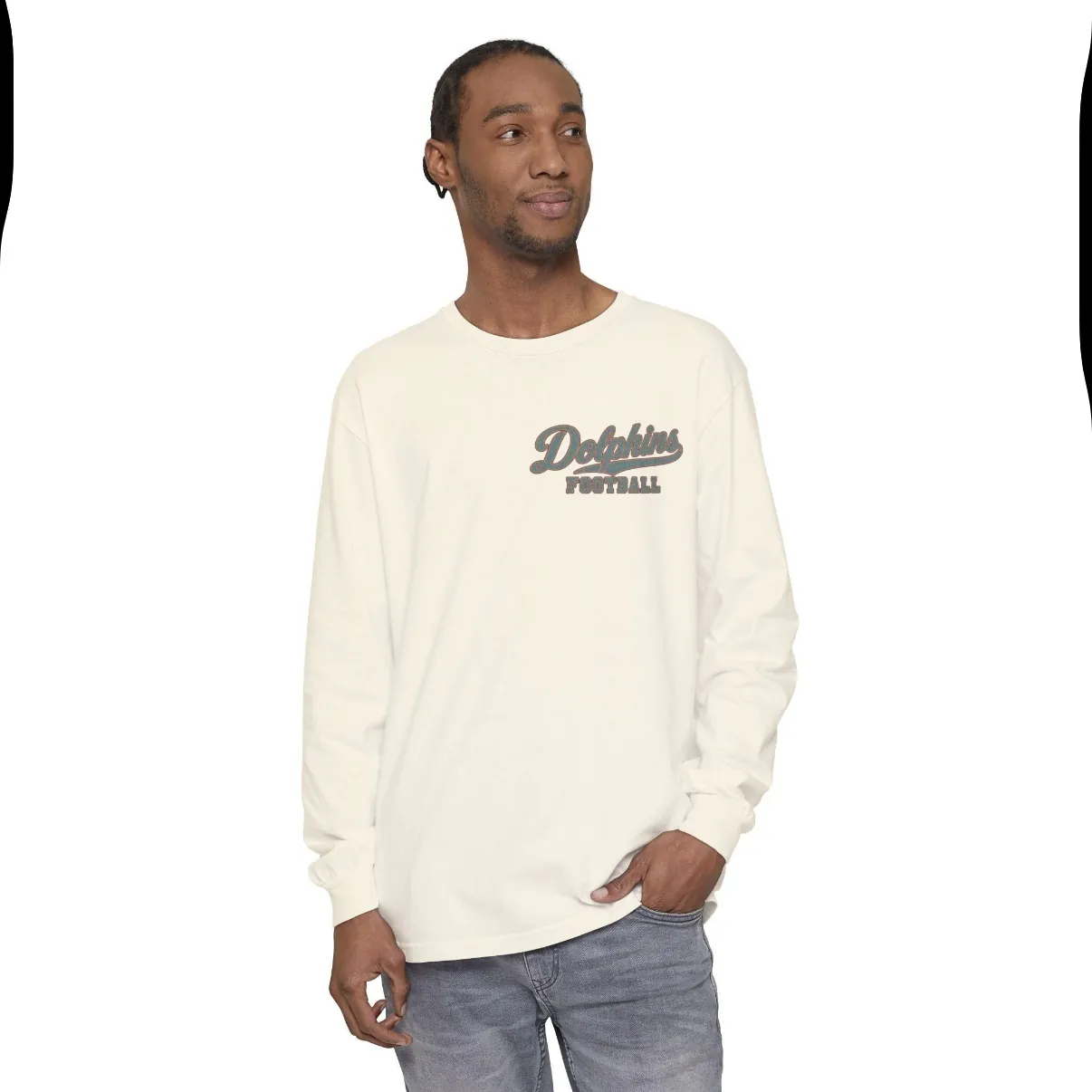 Dolphins Football Long Sleeve Tee in Ivory, on a model