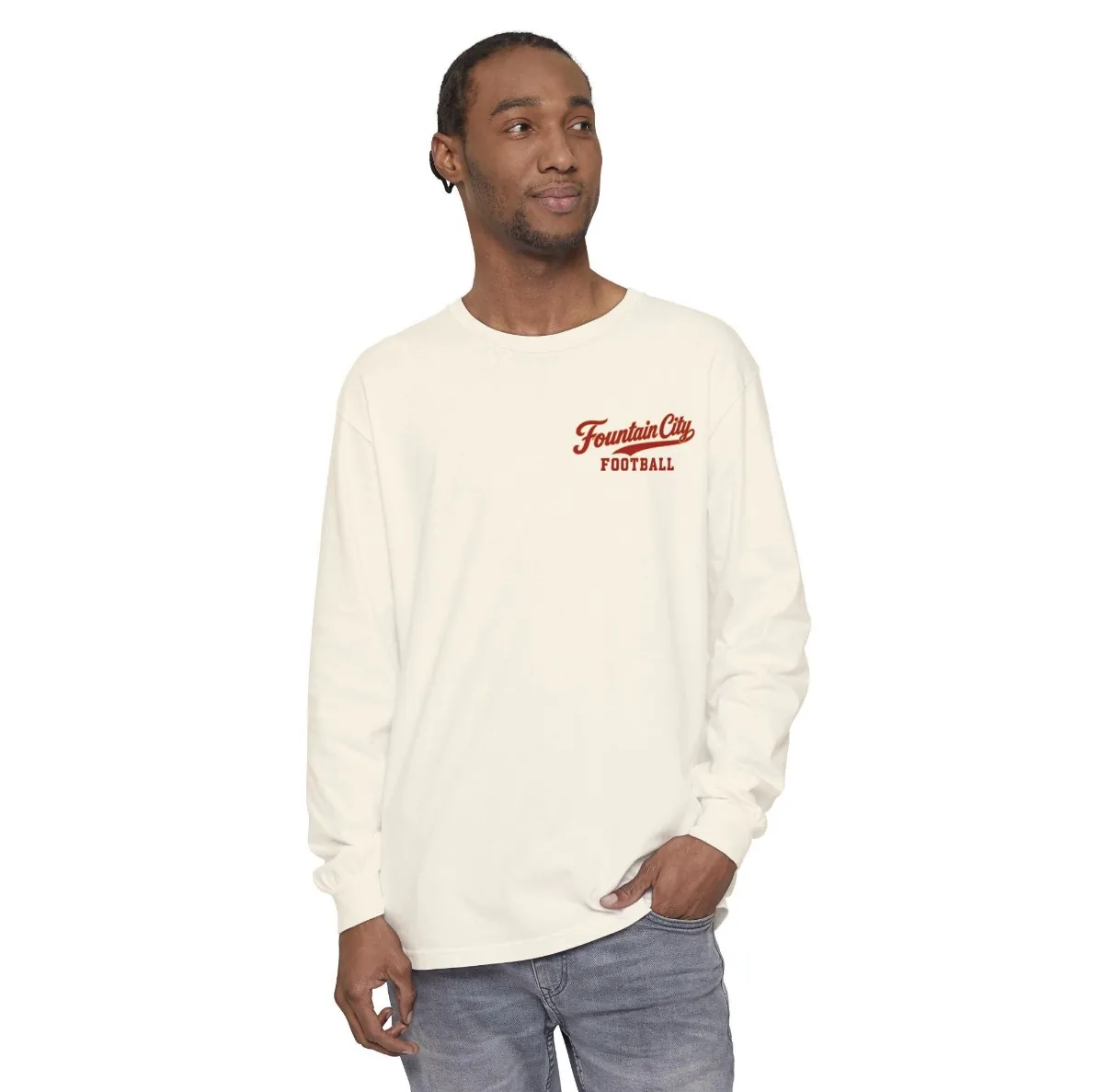 Fountain City Football Long Sleeve Tee in Ivory, on a model