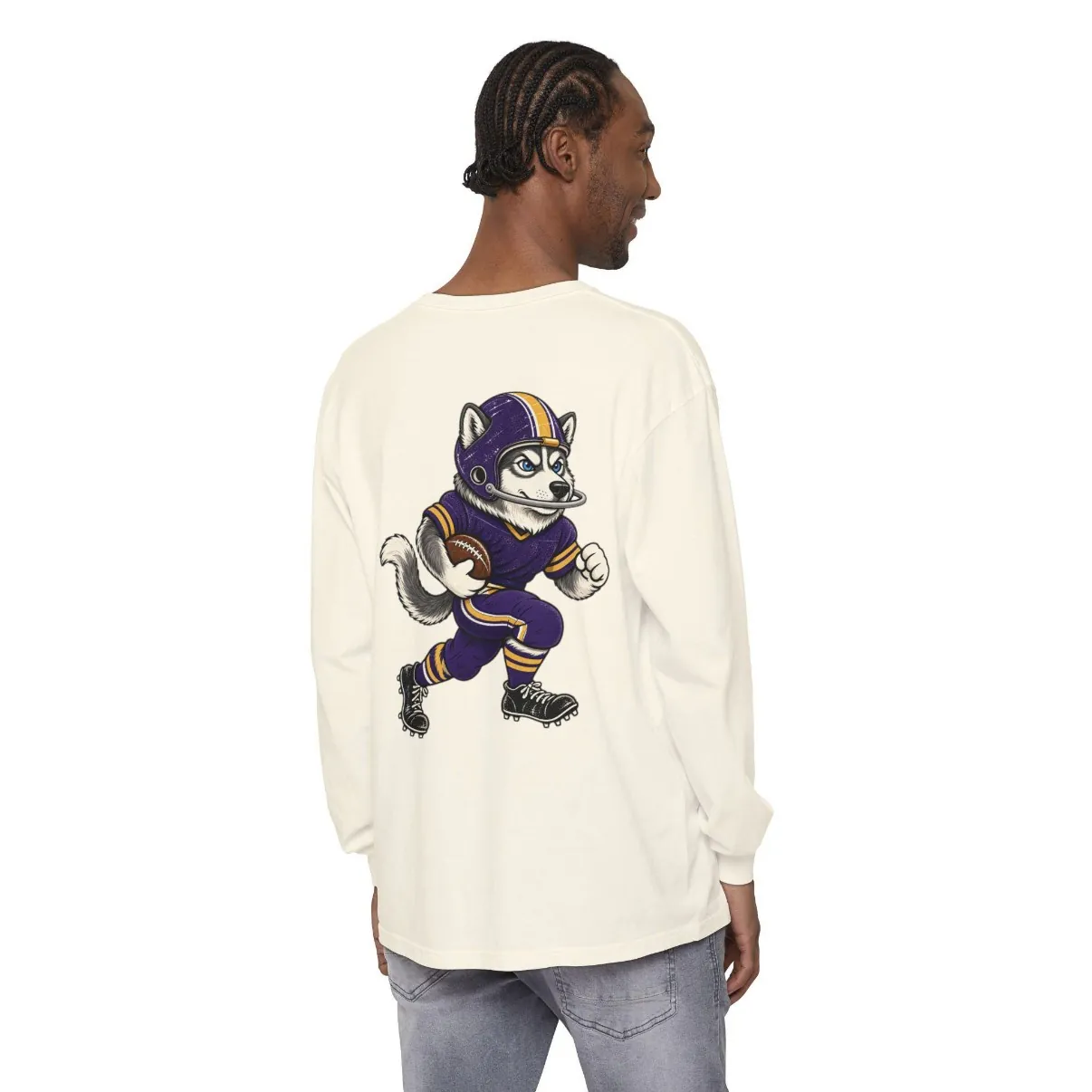 Huskies Football Long Sleeve Tee in Ivory, back print