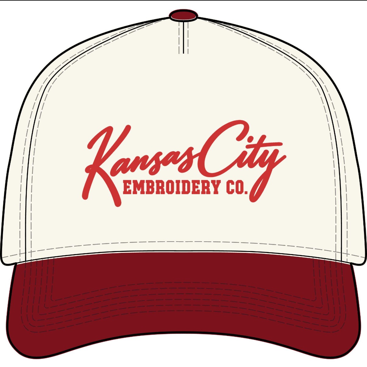 Cream Kansas City Embroidery Co. hat with a red bill