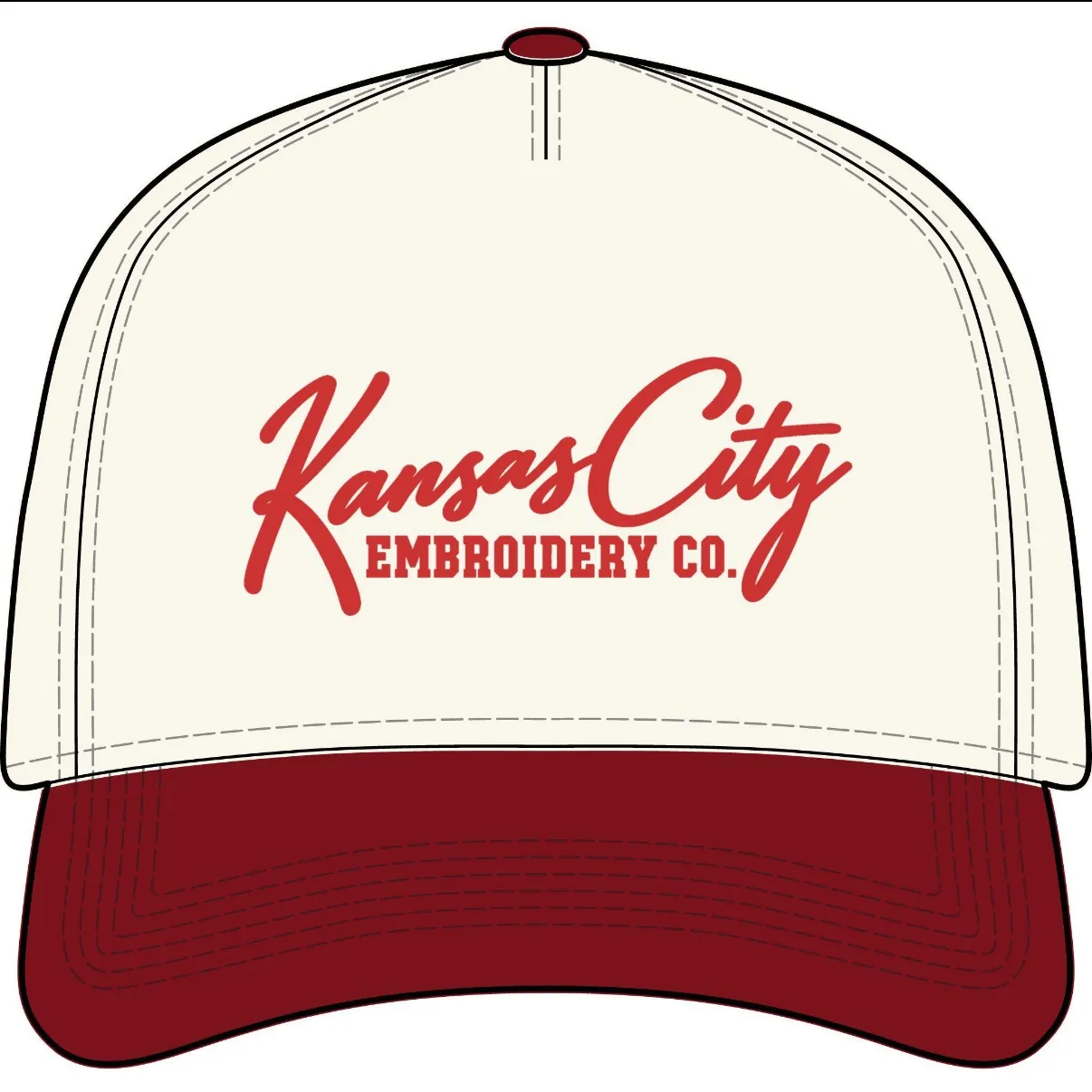 Kansas City Embroidery Co. Hat in Cream with red bill, front