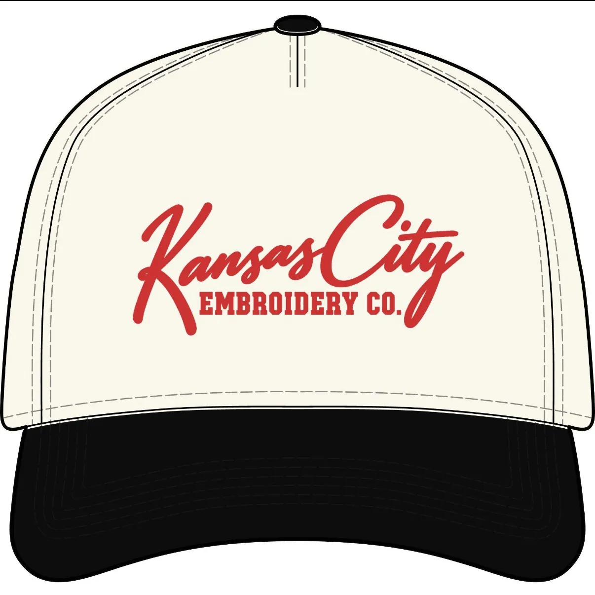 Kansas City Embroidery Co. Hat in Cream with black bill, front
