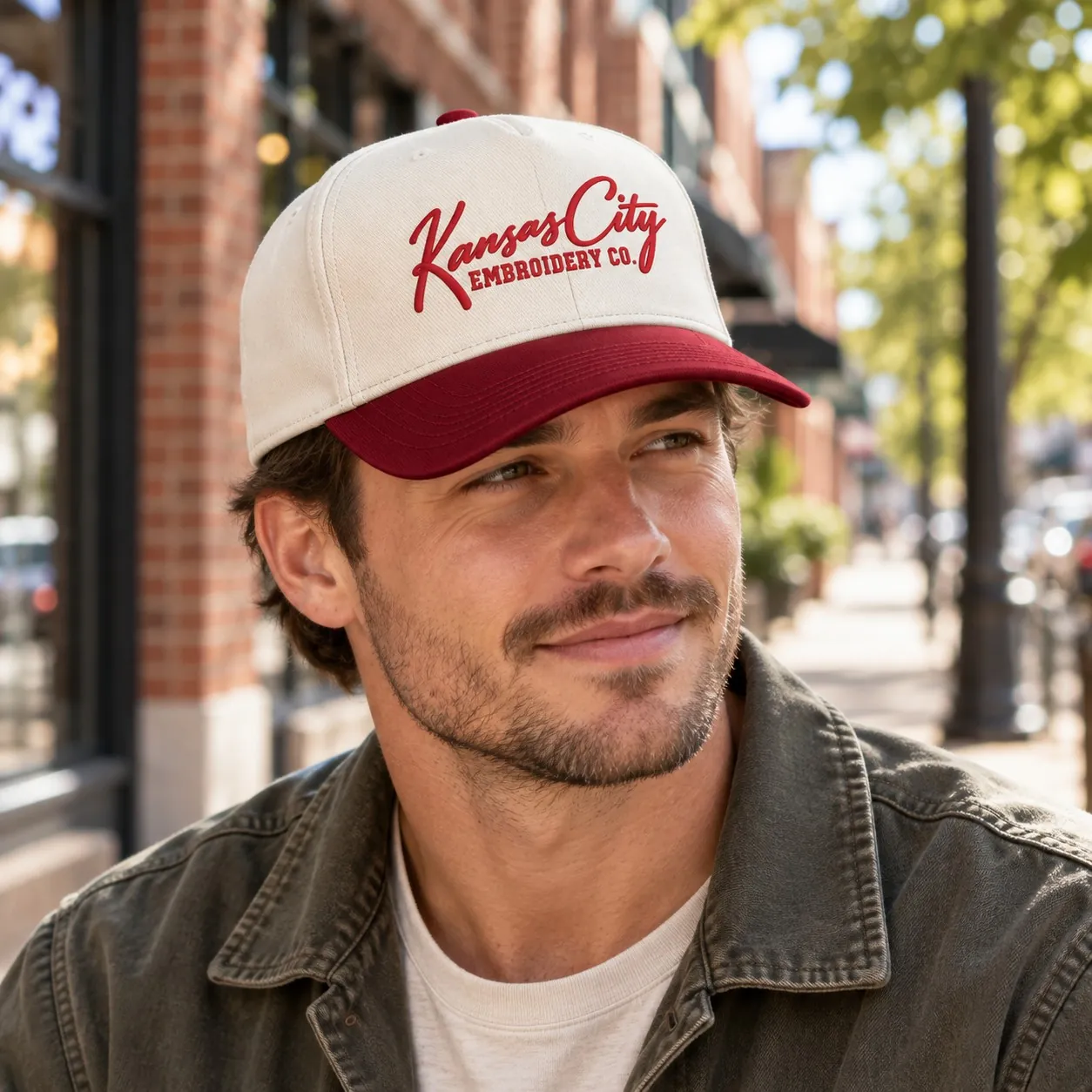 Kansas City Embroidery Co. Hat in Cream with red bill, on a model