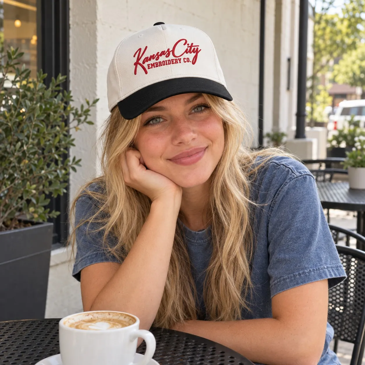 Kansas City Embroidery Co. Hat in Cream with black bill, on a model