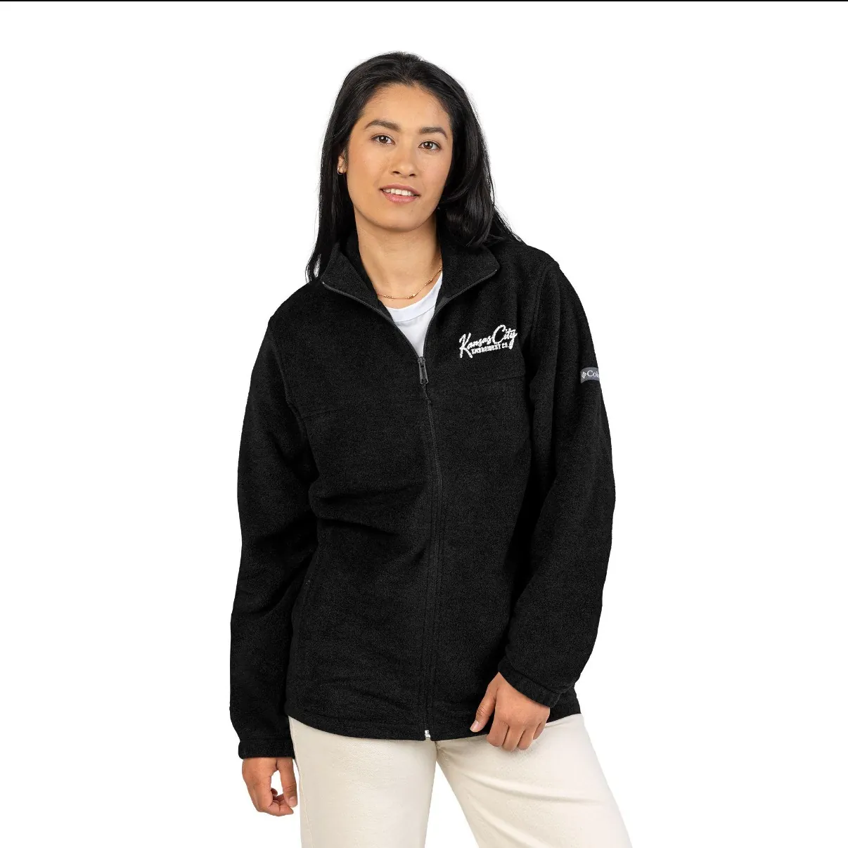 Kansas City Embroidered Fleece Jacket in Black, on a model