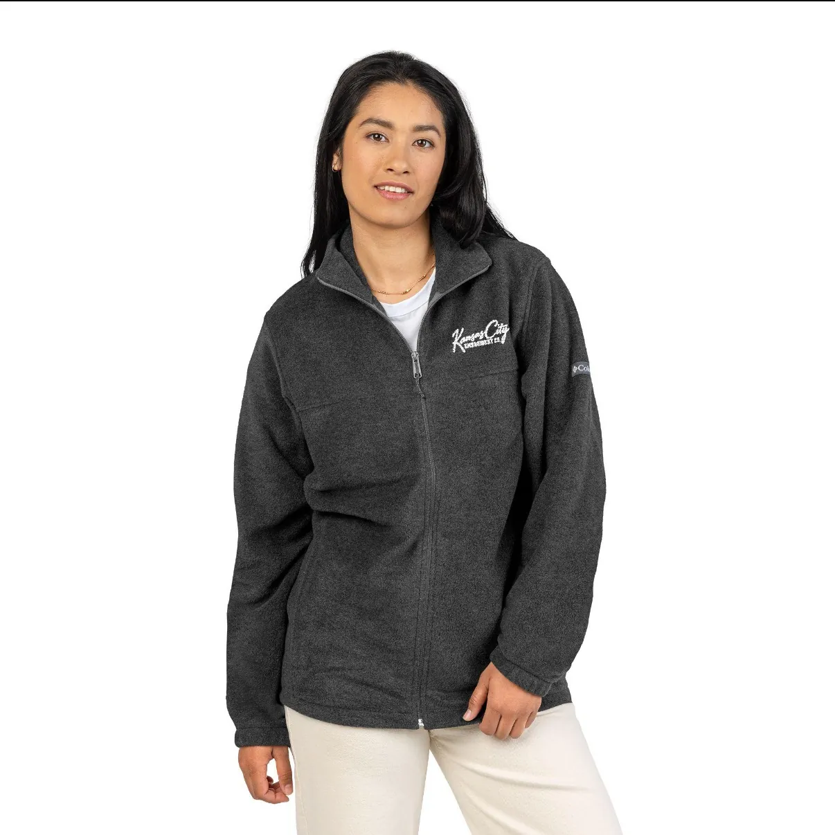 Kansas City Embroidered Fleece Jacket in Charcoal, on a model