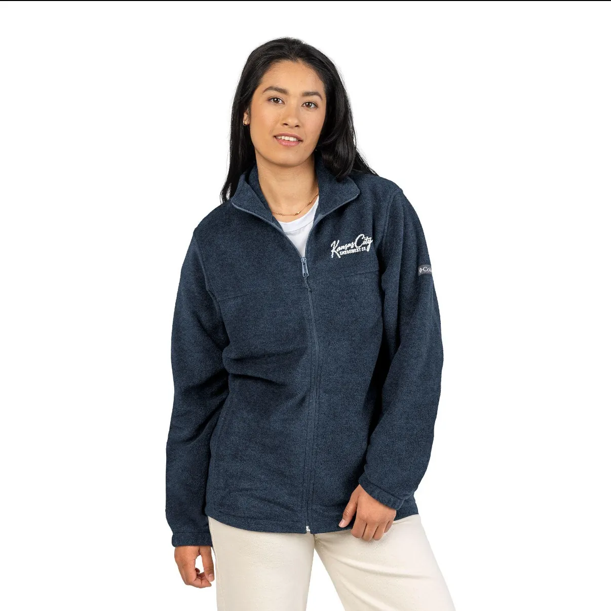 Kansas City Embroidered Fleece Jacket in Navy, on a model