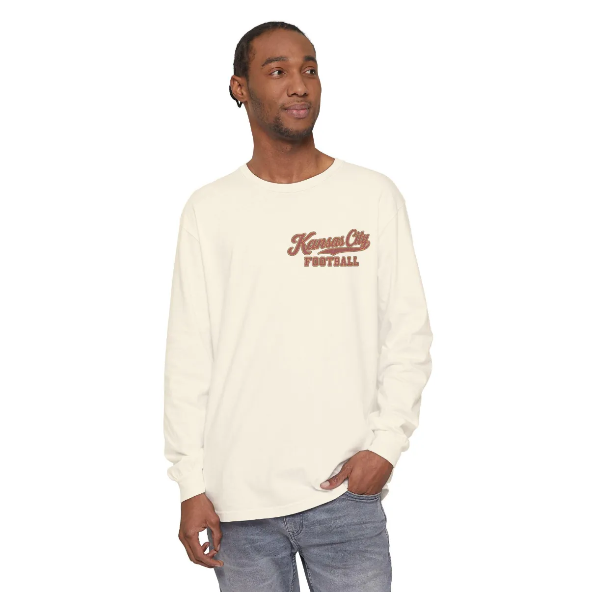 Kansas City Football Long Sleeve Tee in Ivory, on a model