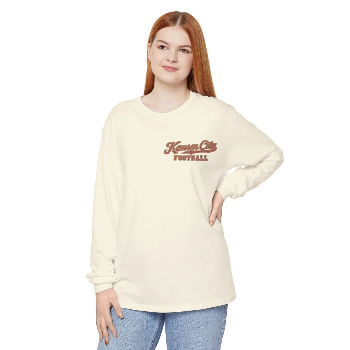 Kansas City Football Long Sleeve Tee in Ivory, on a model