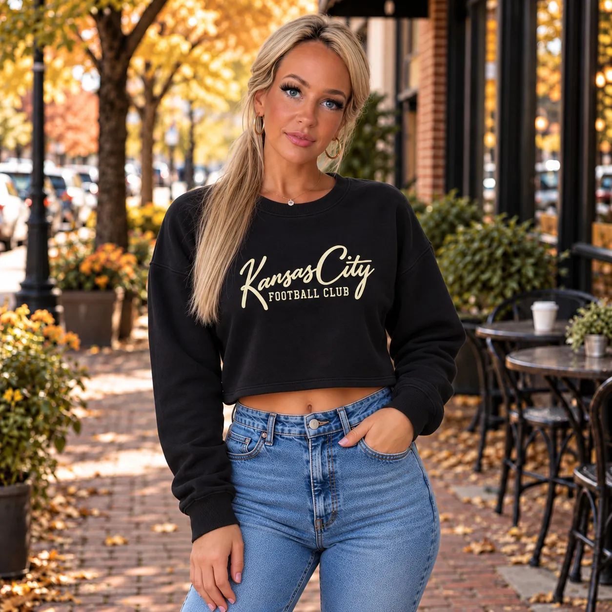 Kansas City Football Club Women's Cropped Sweatshirt in Black, on a model