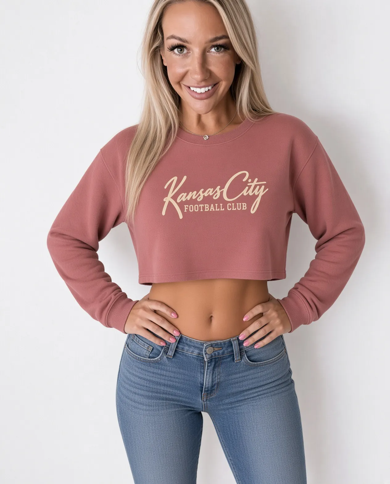 Kansas City Football Club Women's Cropped Sweatshirt in Mauve, on a model