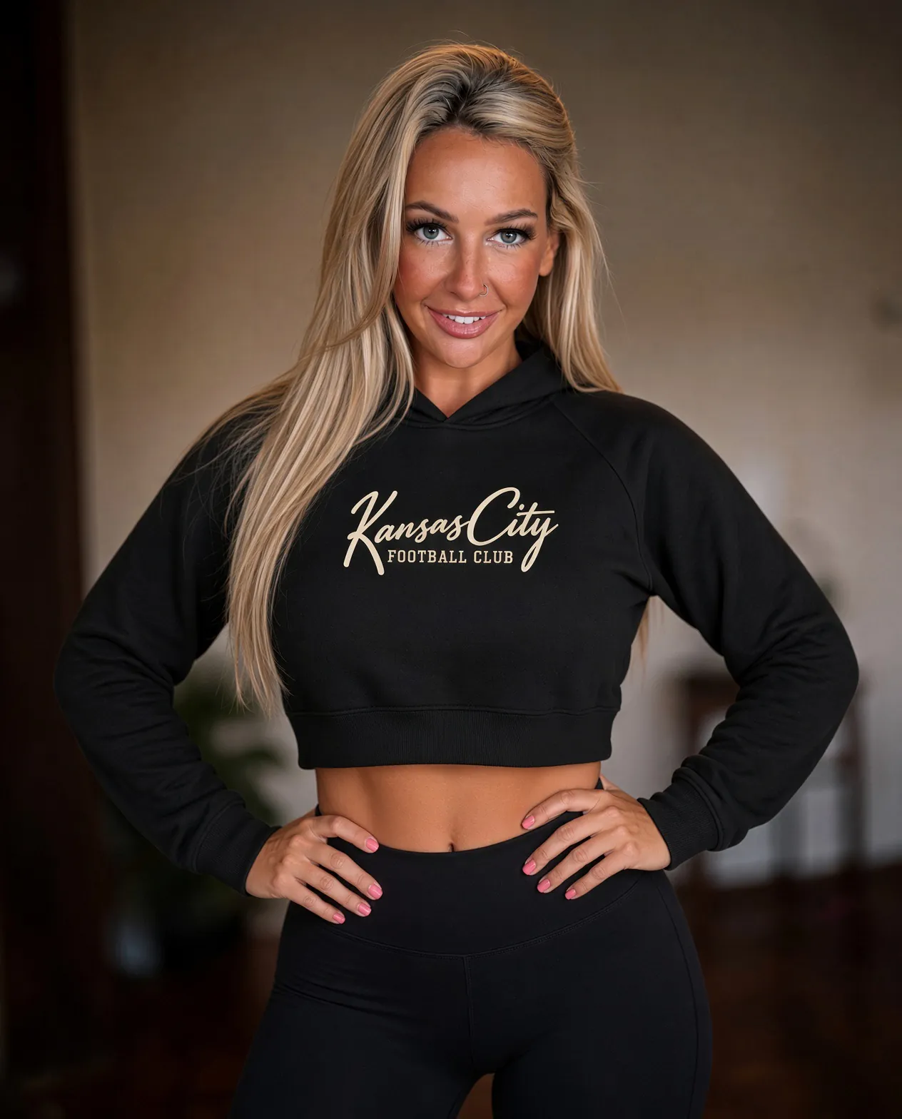 Kansas City Football Club Cropped Hoodie in Black, on a model