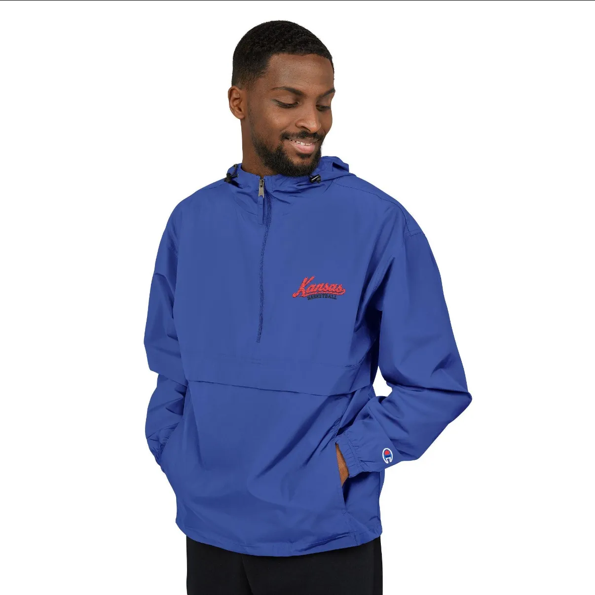 Kansas Basketball Embroidered Anorak in Blue, on a model