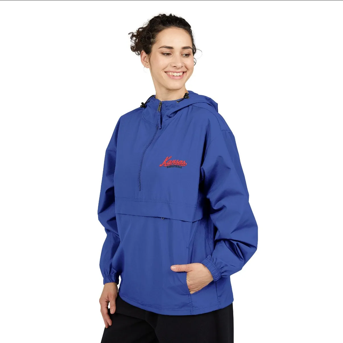Kansas Basketball Embroidered Anorak in Blue, on a model