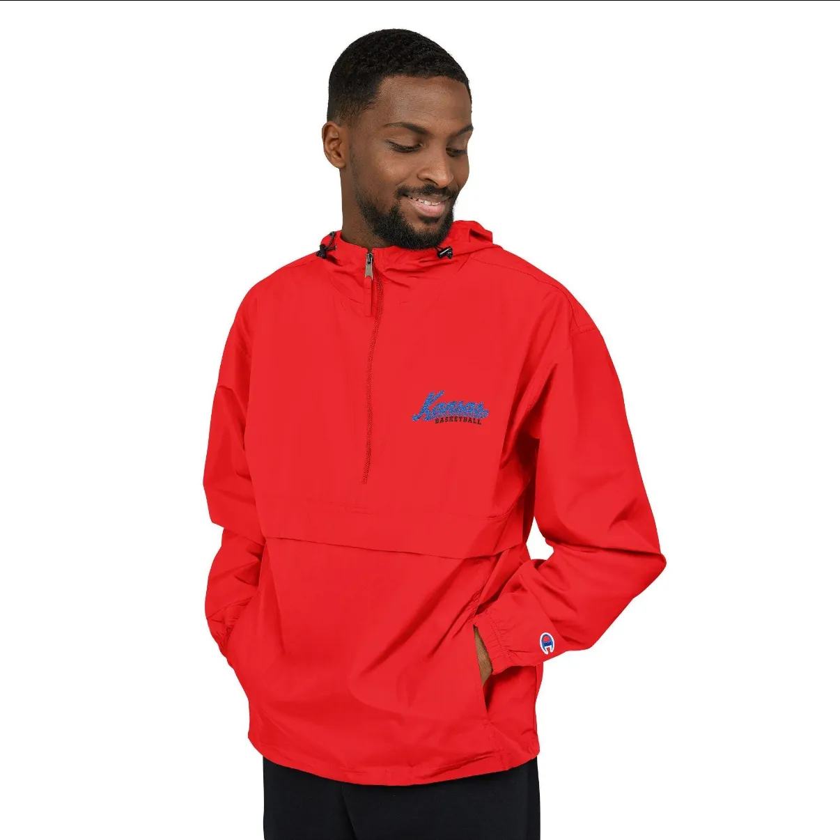 Kansas Basketball Embroidered Anorak, Red in Red, on a model