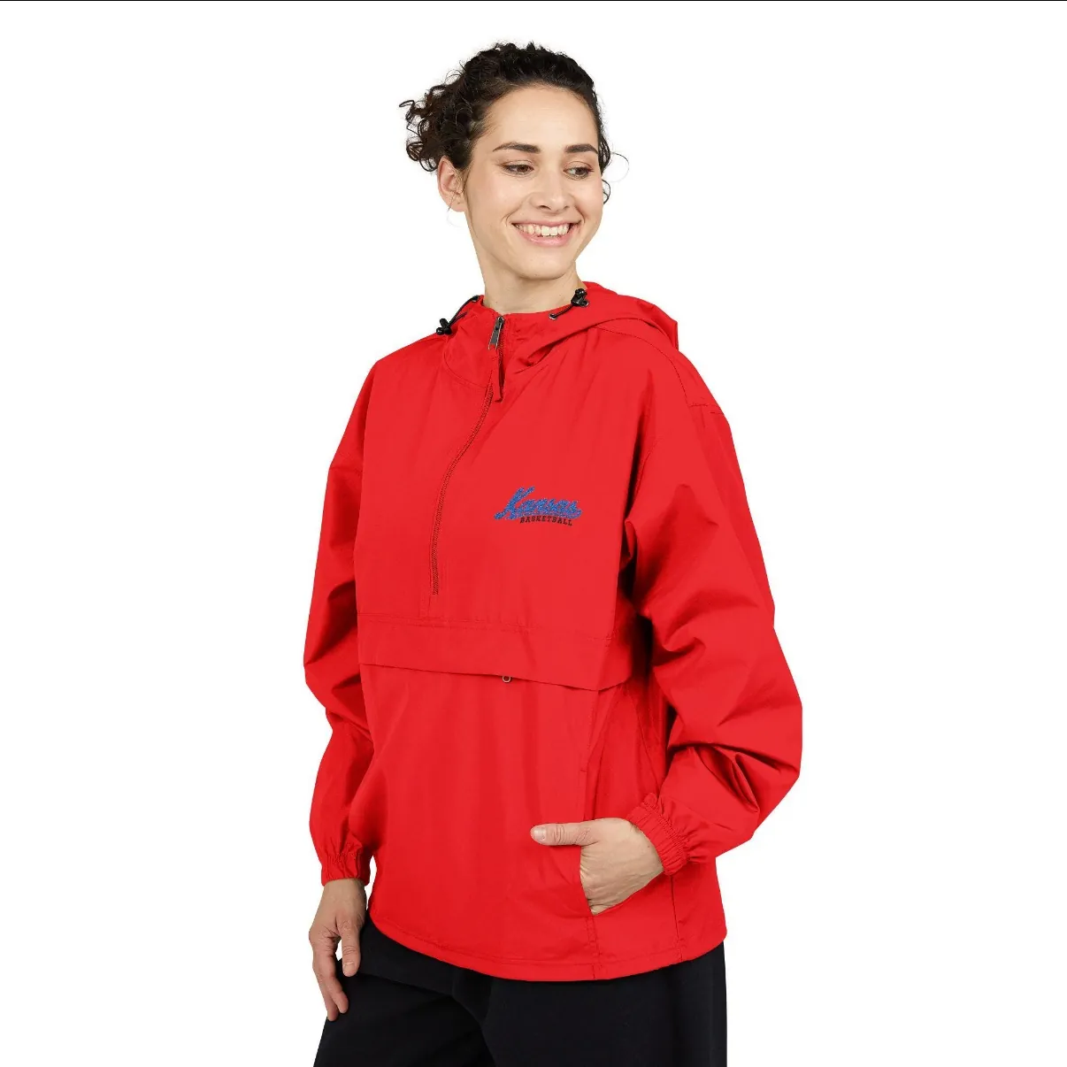 Kansas Basketball Embroidered Anorak, Red in Red, on a model