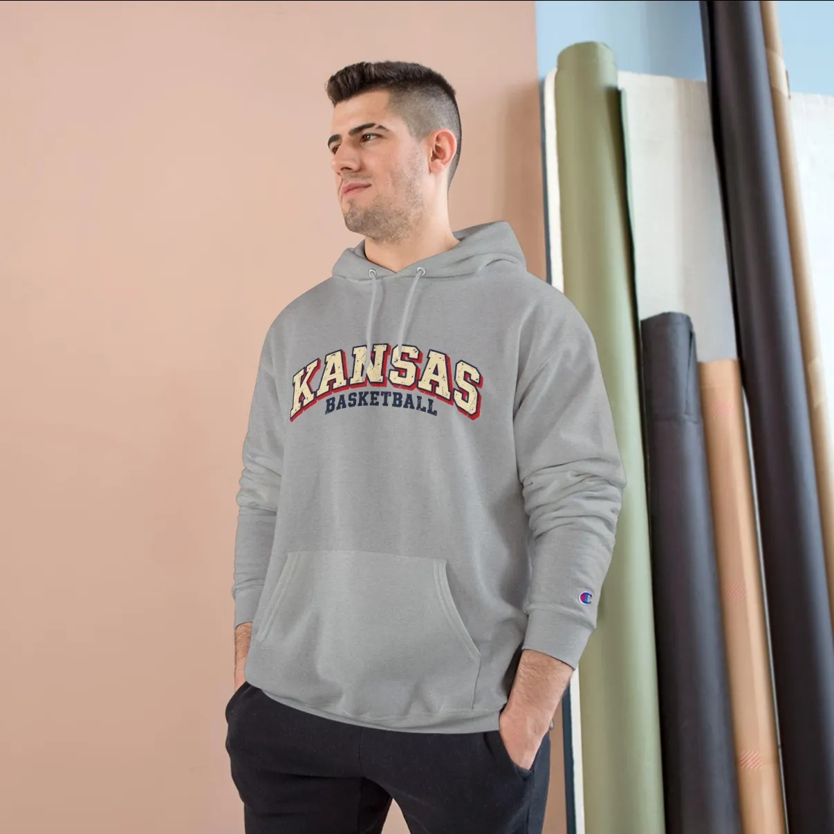 Kansas Basketball Champion Hoodie in Light Steel, on a model