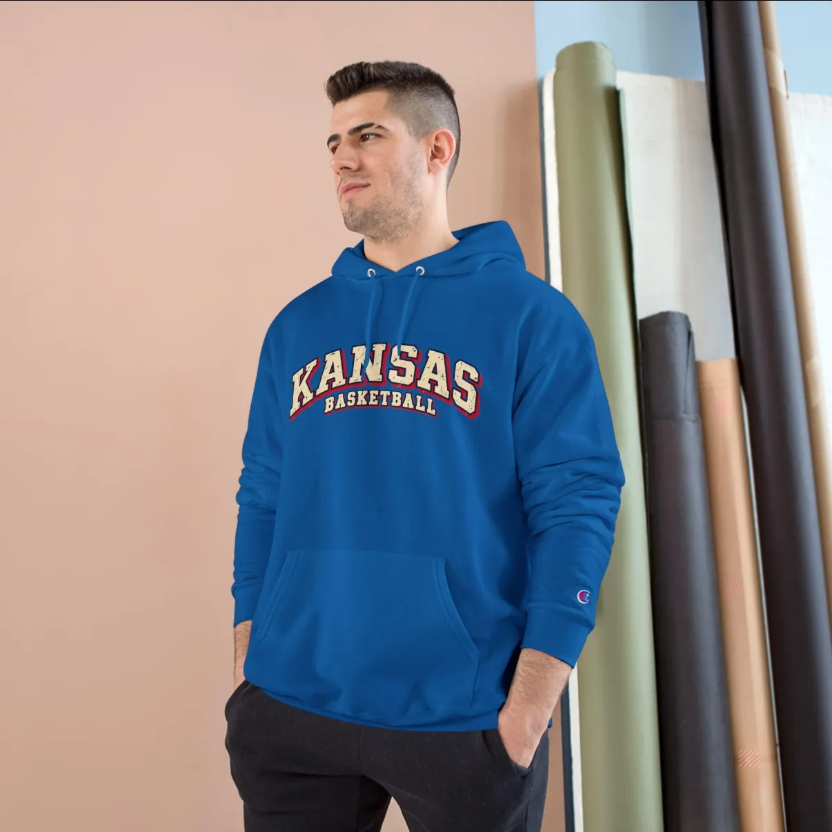 Kansas Basketball Champion Hoodie in Royal Blue, on a model