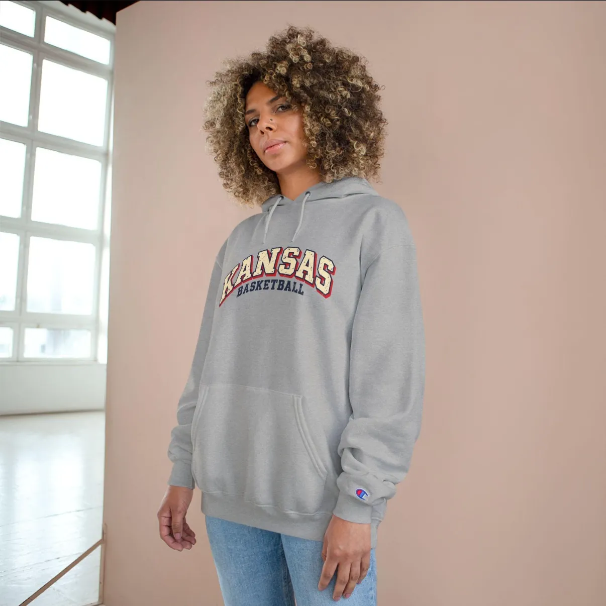 Kansas Basketball Champion Hoodie in Light Steel, on a model