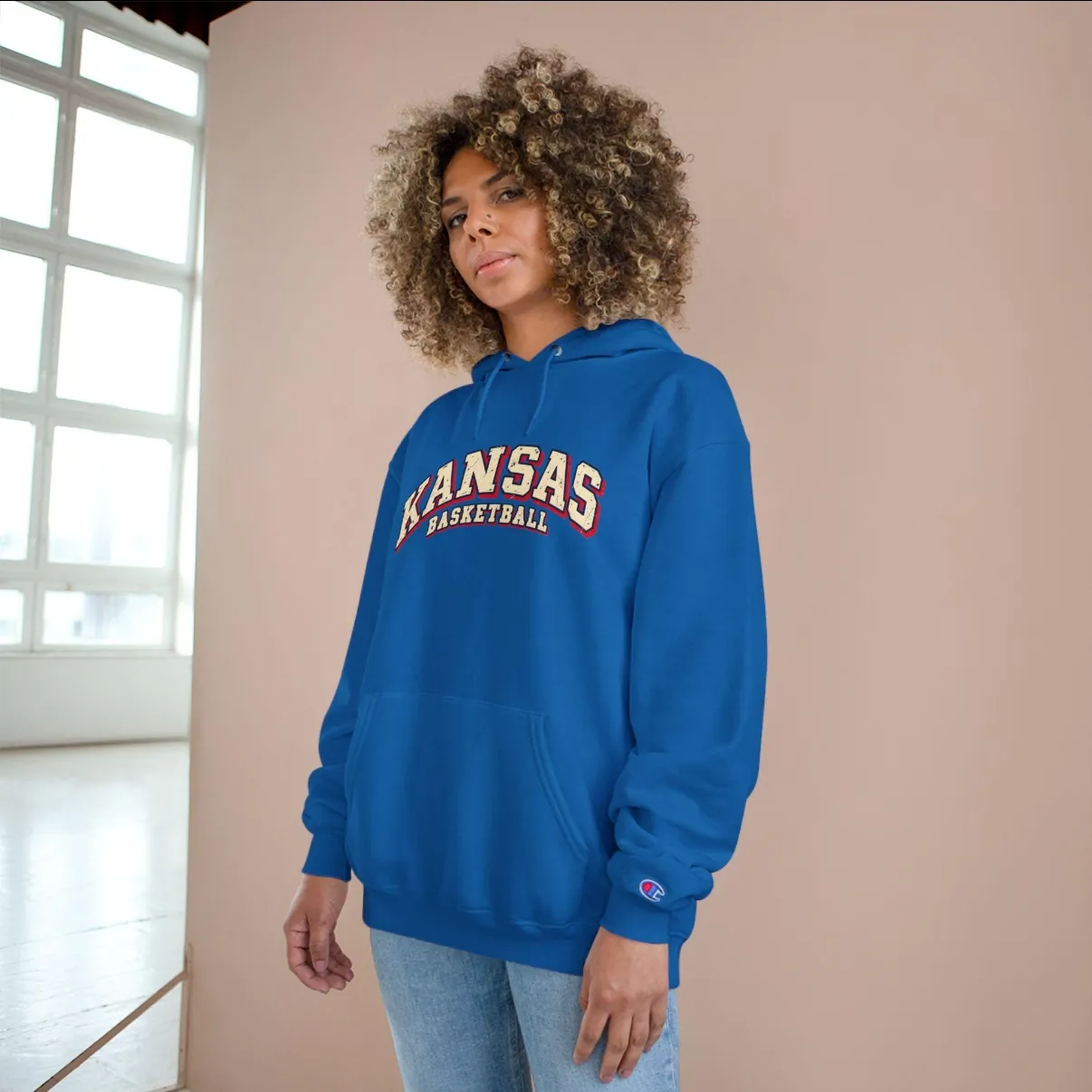 Kansas Basketball Champion Hoodie in Royal Blue, on a model