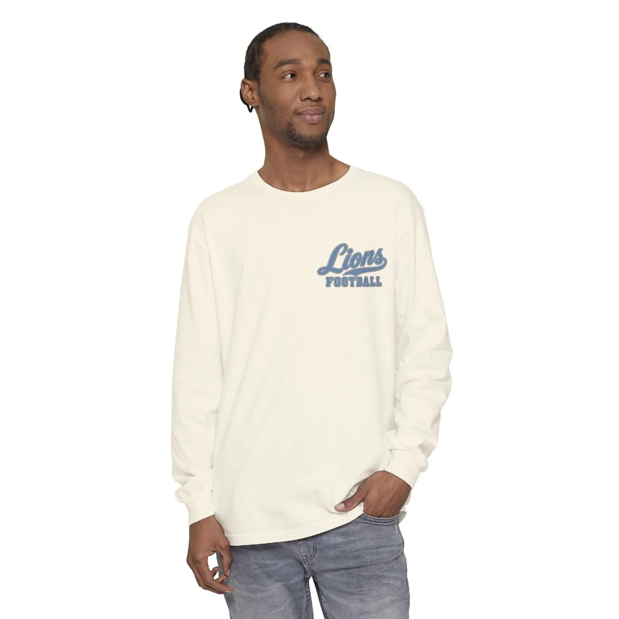 Lions Football Long Sleeve Tee in Ivory, on a model