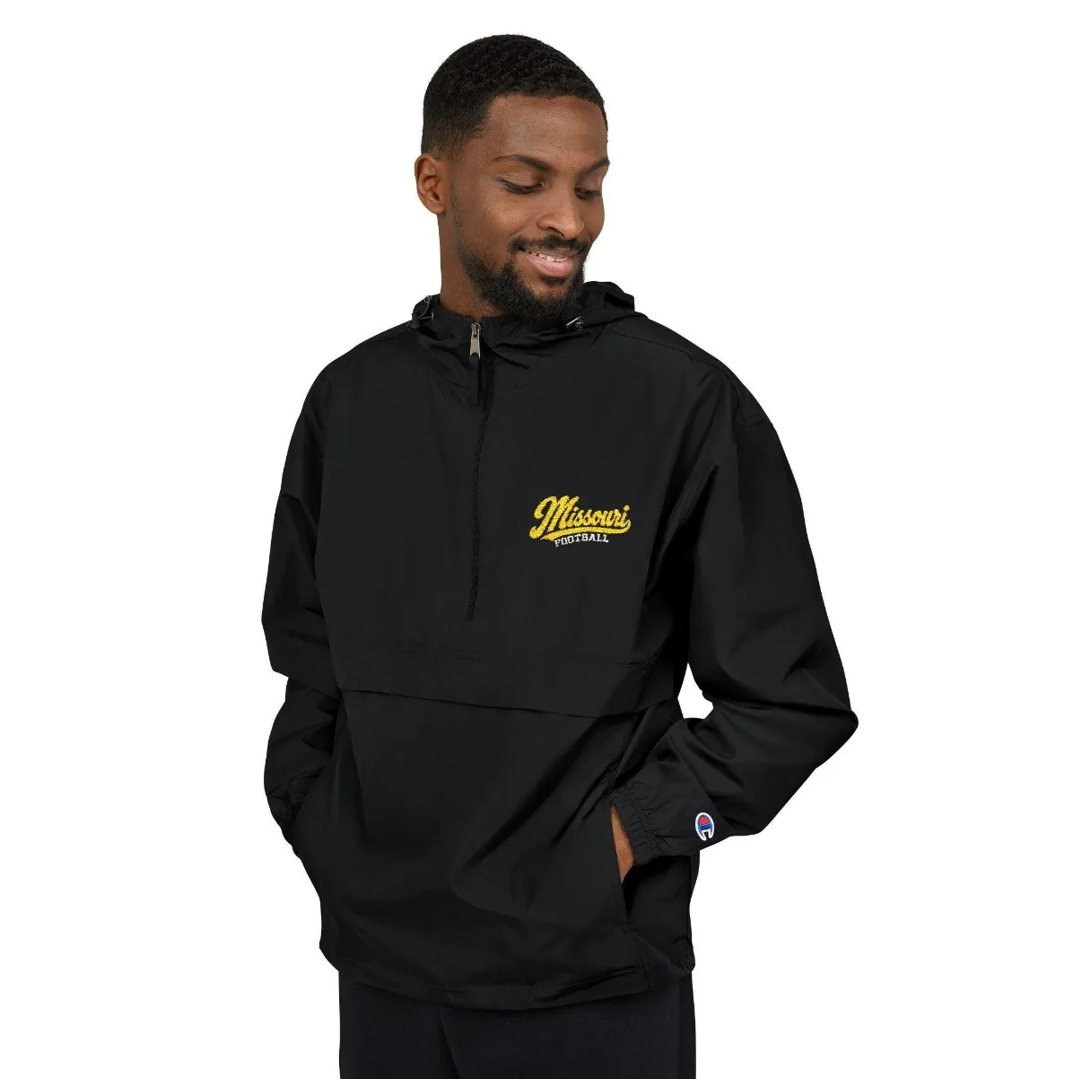 Missouri Football Embroidered Anorak in Black, on a model