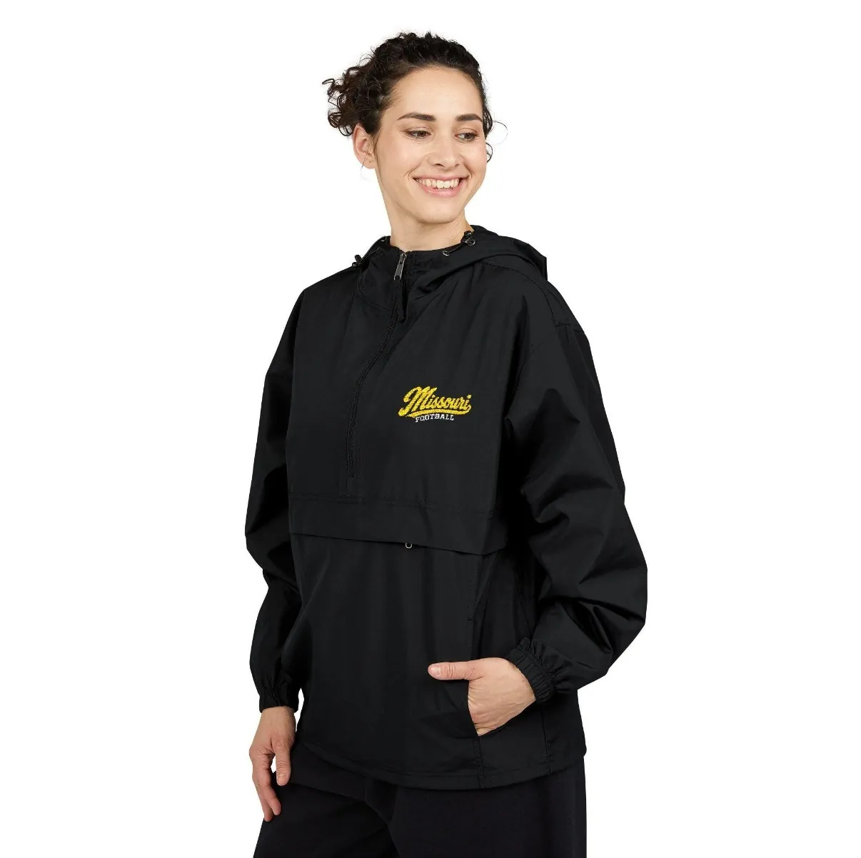 Missouri Football Embroidered Anorak in Black, on a model