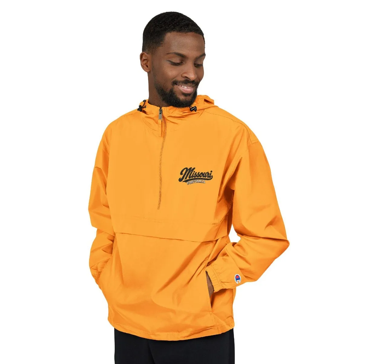 Missouri Football Embroidered Anorak, Gold in Gold, on a model