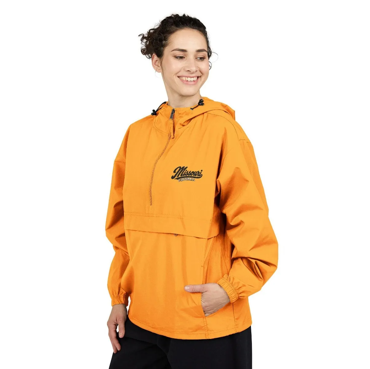 Missouri Football Embroidered Anorak, Gold in Gold, on a model