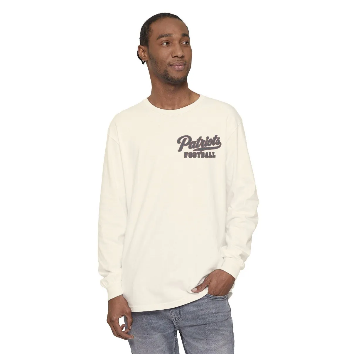 Patriots Football Long Sleeve Tee in Ivory, on a model