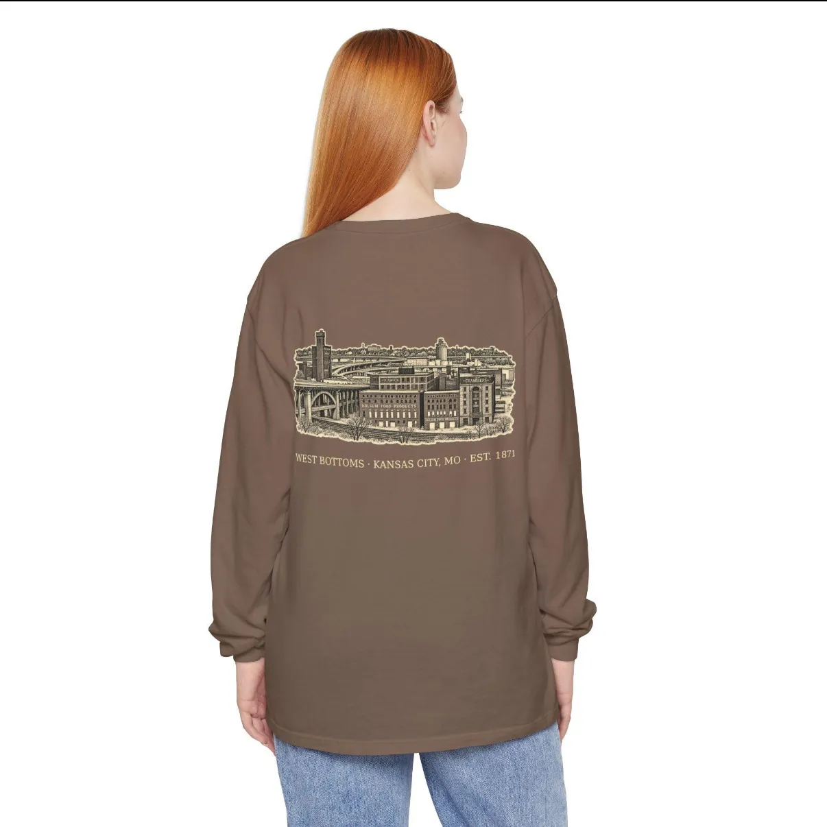 West Bottoms Kansas City Long Sleeve in Espresso, back print