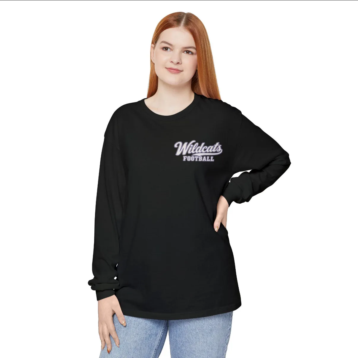 Wildcats Football Long Sleeve Tee in Black, on a model